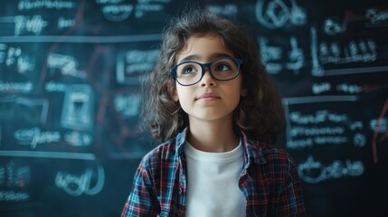 A young girl with glasses looks up thoughtfully in front of a chalkboard filled with math equations.