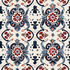 Fototapeta premium Intricate Chinese fabric seamless pattern featuring traditional floral designs in red, blue, and beige tones, creating vibrant and elegant look