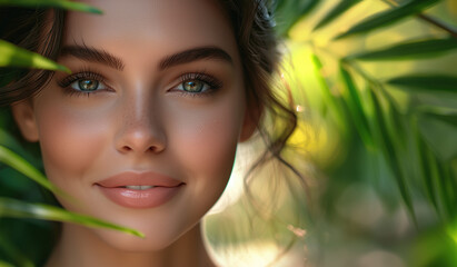 Fototapeta premium Portrait of woman with natural makeup, beautiful eyes and beauty salon cosmetics advertising for skin, hair and face products, leaves and exotic tropical theme background