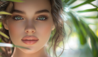 Fototapeta premium Portrait of woman with natural makeup, beautiful blue eyes and beauty salon cosmetics advertising for skin, hair and face products, leaves and exotic tropical theme background