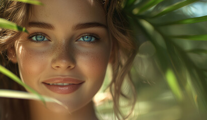 Portrait of woman with natural makeup, beautiful eyes and beauty salon cosmetics advertising for skin, hair and face products, leaves and exotic tropical theme background