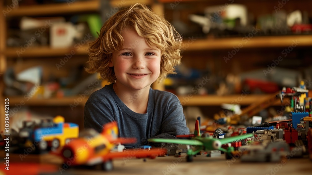 Poster a smiling child surrounded by various toys, showcasing creativity and playfulness.