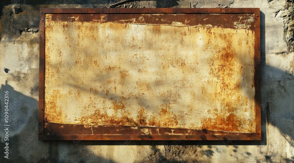 Poster a weathered, rusted frame with a blank surface against a textured wall.
