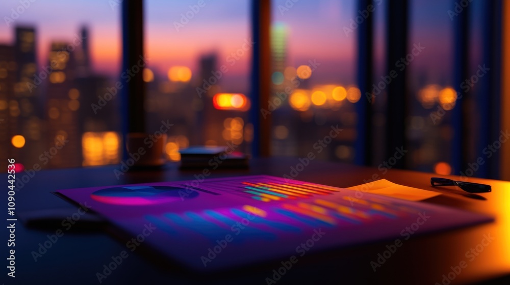 Poster A desk with colorful data charts and a city skyline at dusk.