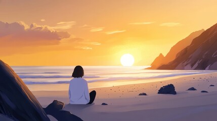 Fototapeta premium Serene Sunset on the Beach with Gentle Waves