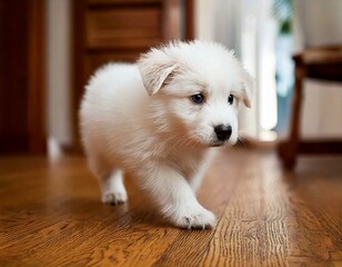 Un cachorro blanco aprende a andar, en casa.