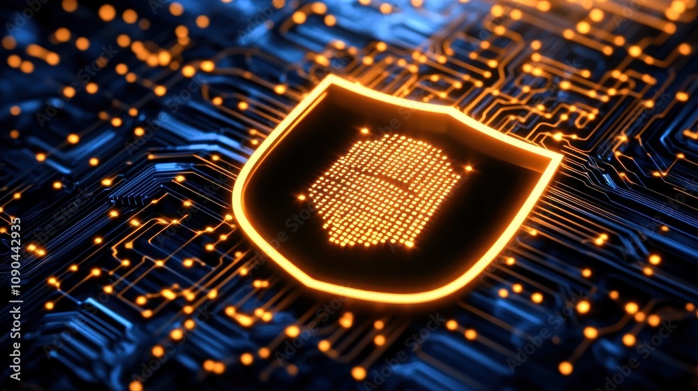 Poster a glowing shield icon on a circuit board background, symbolizing cybersecurity.