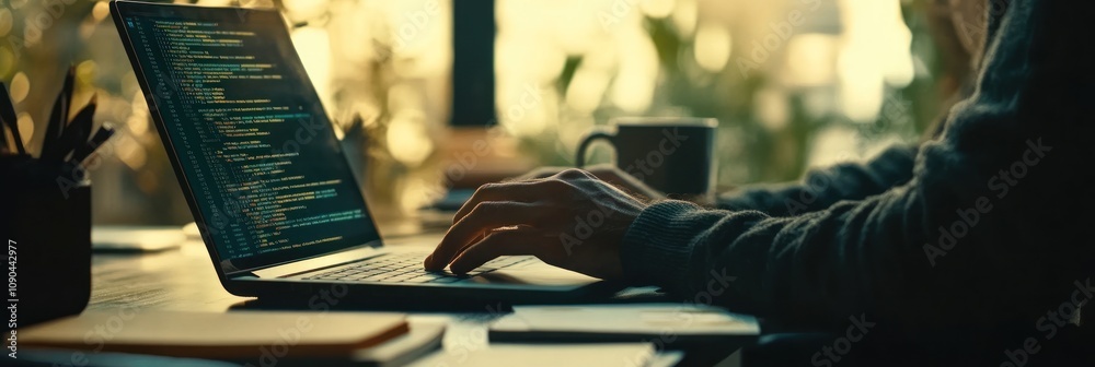 Leinwandbilder a close-up of a person coding on a laptop in a cozy, sunlit workspace.