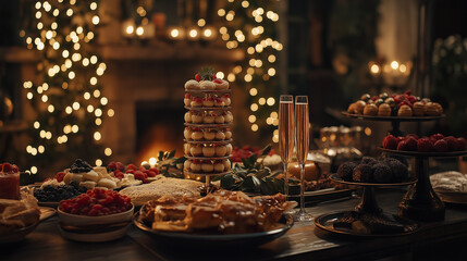 Fototapeta premium Elegant New Year’s Celebration Table With Champagne Tower, Festive Treats, and Twinkling Fairy Lights, Creating a Warm, Dimly Lit, and Welcoming Atmosphere