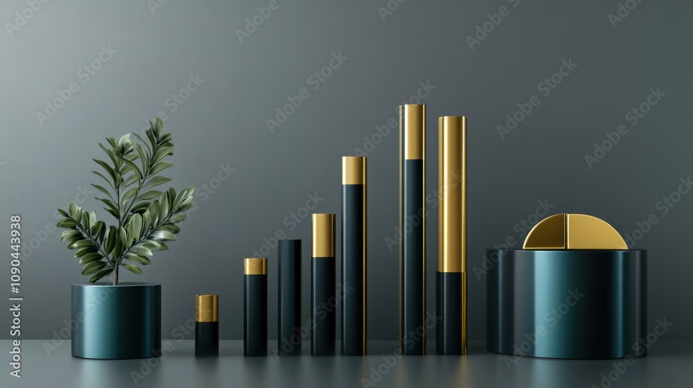 Poster a modern arrangement of geometric shapes and a plant, symbolizing growth and data visualization.