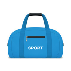 Blue sport bag with handles and pocket on zip realistic vector illustration