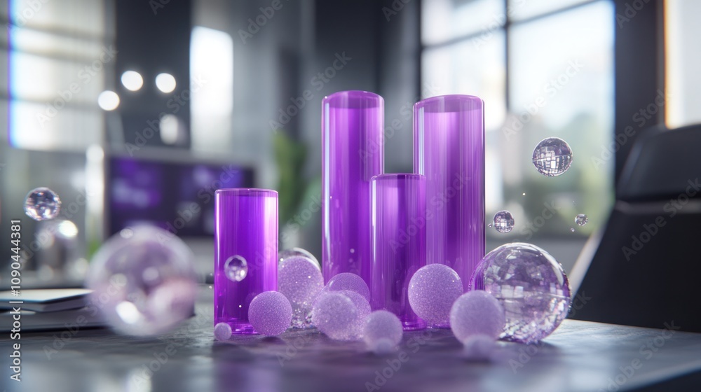 Poster a collection of purple transparent cylinders and spheres on a table in a modern setting.