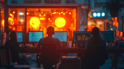 business team working late into night, focused on their screens, illuminated by warm orange light from outside. atmosphere is intense and collaborative