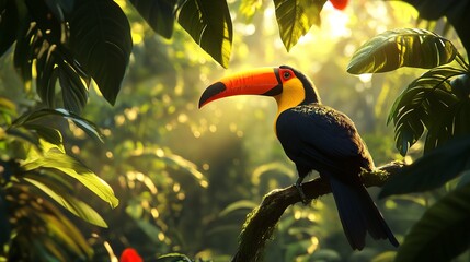 Naklejka premium A colorful toucan perched on a branch surrounded by lush green jungle leaves, with sunlight filtering through the dense canopy, creating a serene tropical ambiance.