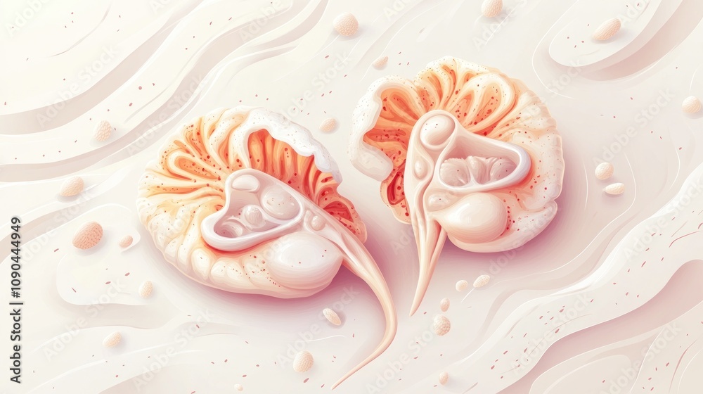 Poster two stylized nautilus shells on a soft, abstract background.