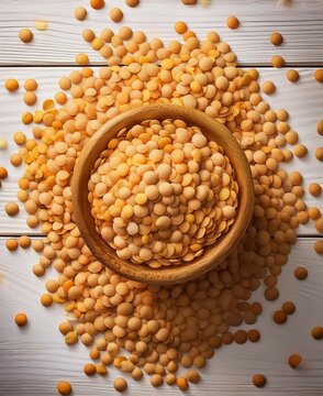 Image of Lentils pigeon peas tur spread on white wooden table shot from above. Created with Generative AI.  