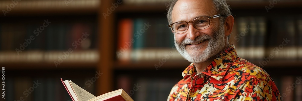 Aufkleber a smiling man in a colorful shirt holding a book in a library setting.