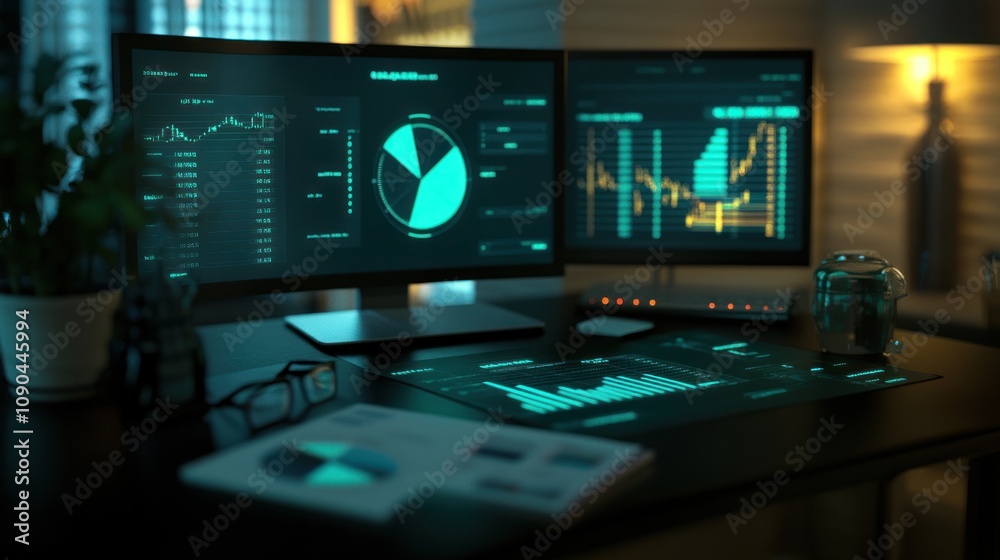 Poster A modern workspace featuring data analytics on screens with graphs and charts.