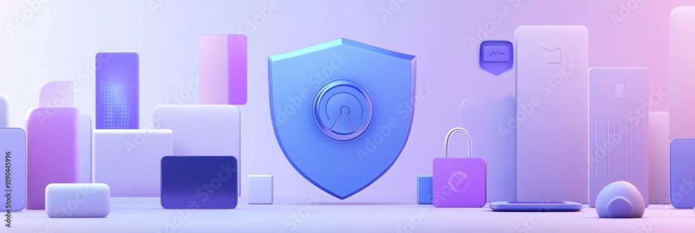 Poster A digital shield surrounded by various tech devices, symbolizing online security.