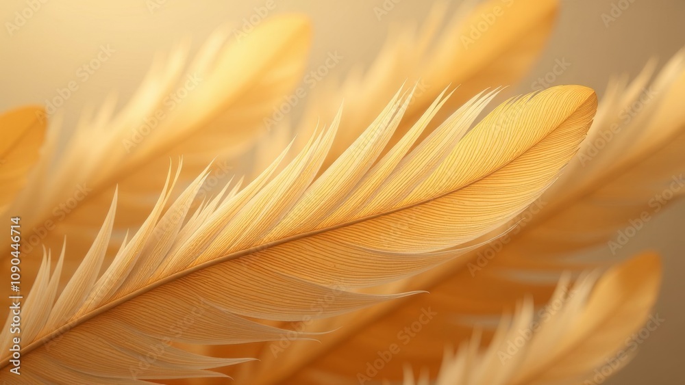 Poster a close up of a feather with a yellow background