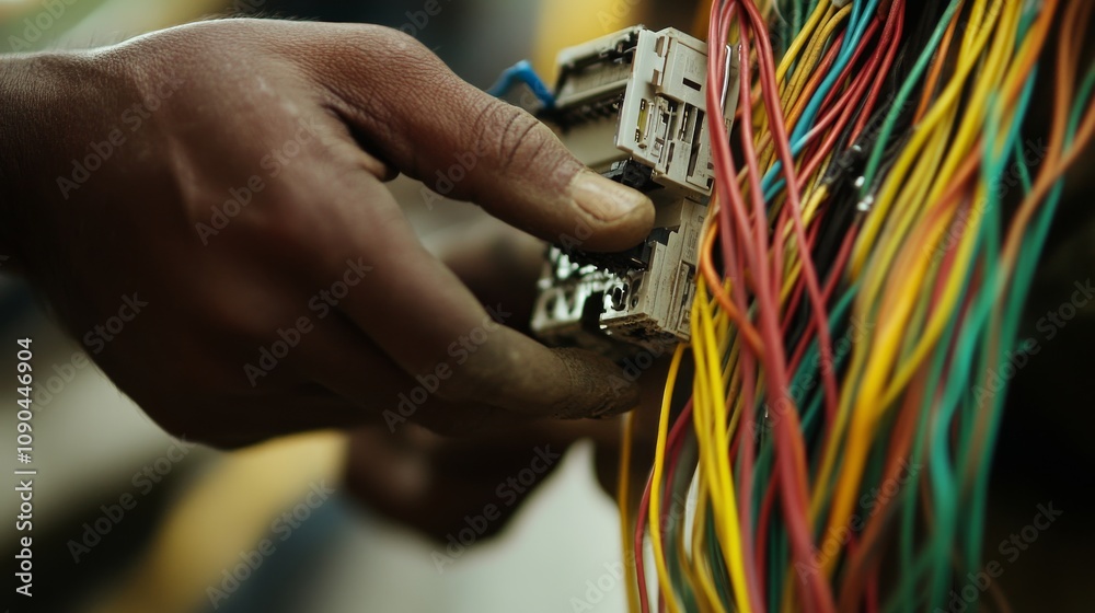 Poster A technician installing electrical wiring with a focus on safety protocols and precision, Electrical installation scene, Technical expertise style