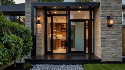 Here's a description and keywords for your stock photo.. Modern home entrance with stone facade, glass doors, and sleek interior visible.