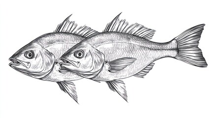 Obraz premium Hand-drawn illustration of two fish in black and white.
