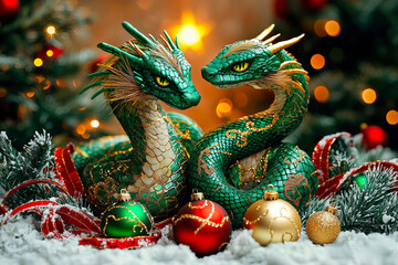 Fototapeta premium Symbolic transition of green dragon into green snake in a holiday setting