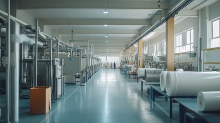 Obraz premium A spacious industrial facility with machinery and production materials.
