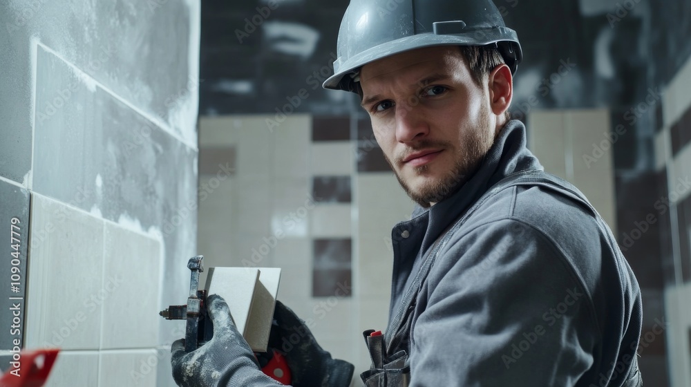 Aufkleber a tiler in a grey work uniform and safety helmet, holding a tile cutter and looking directly at the 