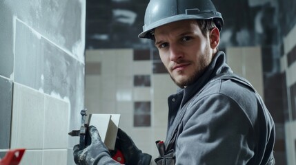Obraz premium A tiler in a grey work uniform and safety helmet, holding a tile cutter and looking directly at the camera, with a backdrop of a tiled floor in progress and adhesive tools