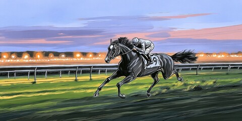 A dynamic illustration of a jockey racing a black horse on a track during sunset.
