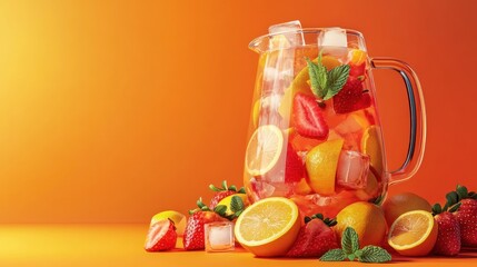 A refreshing pitcher of iced tea with lemon and strawberries on an orange background.