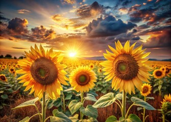 Obraz premium Vintage Style Sunflower Harvest in Golden Fields - Bountiful Autumn Awaiting Ripe Seeds