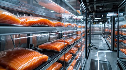 Fresh salmon fillets neatly arranged in a refrigerated display, showcasing vibrant colors and high quality in a modern storage environment.