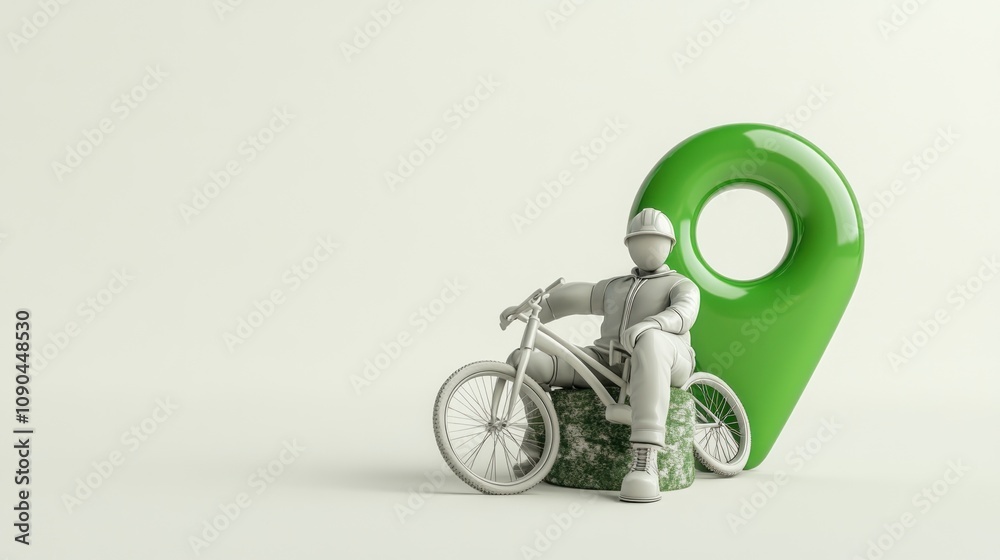 Poster a 3d model of a cyclist on a green location marker, symbolizing navigation and outdoor activities.