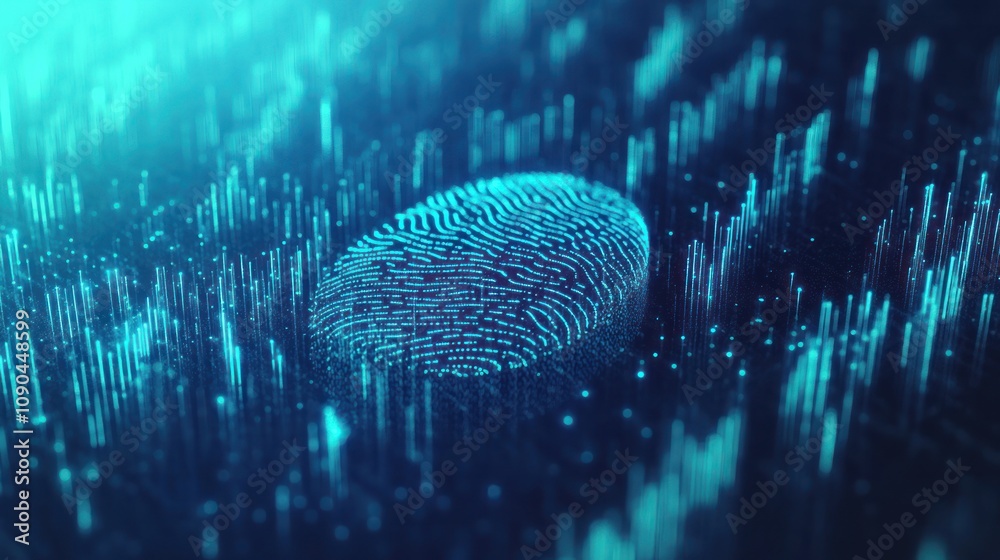 Poster A digital fingerprint surrounded by abstract data points, symbolizing security and technology.
