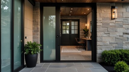  Note that actual search volume and ranking fluctuate constantly... Modern home entryway with glass and stone.  Sleek black doors open to a stylish interior foyer with seating and plants.