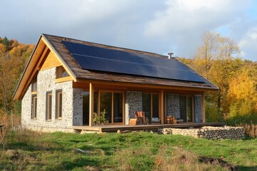 Fototapeta premium Off-grid home design, focusing on sustainable materials and efficient layouts