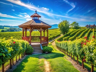 Fototapeta premium Wooden Gazebo in a Lush Vineyard Surrounded by Greenery, Perfect for Relaxation and Scenic Views