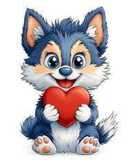 A cute dog is holding a red heart in its mouth