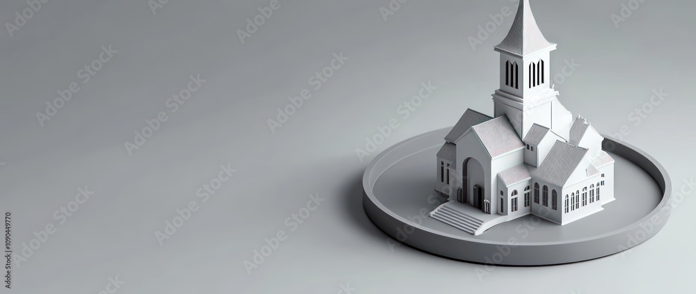 Poster a minimalist 3d model of a church on a circular base, showcasing architectural design.