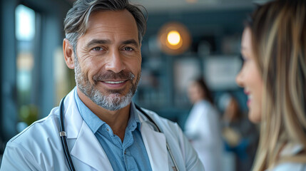 Fototapeta premium A man in a white lab coat is smiling at a woman