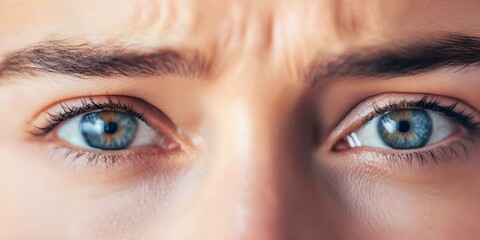 Naklejka premium A close-up of a person's eyes, showcasing detailed features, including the eyelashes and skin texture around the eyes. Concept Eye Detail Photography, Close-Up Shots, Eyelashes and Skin Texture