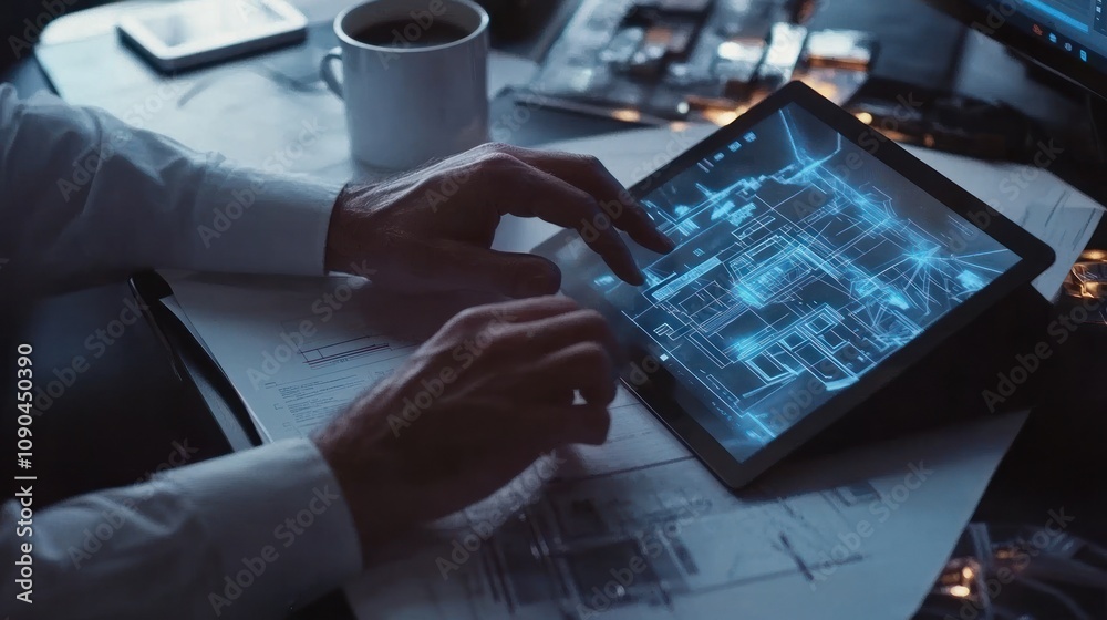 Poster A person interacting with a digital tablet displaying architectural blueprints.