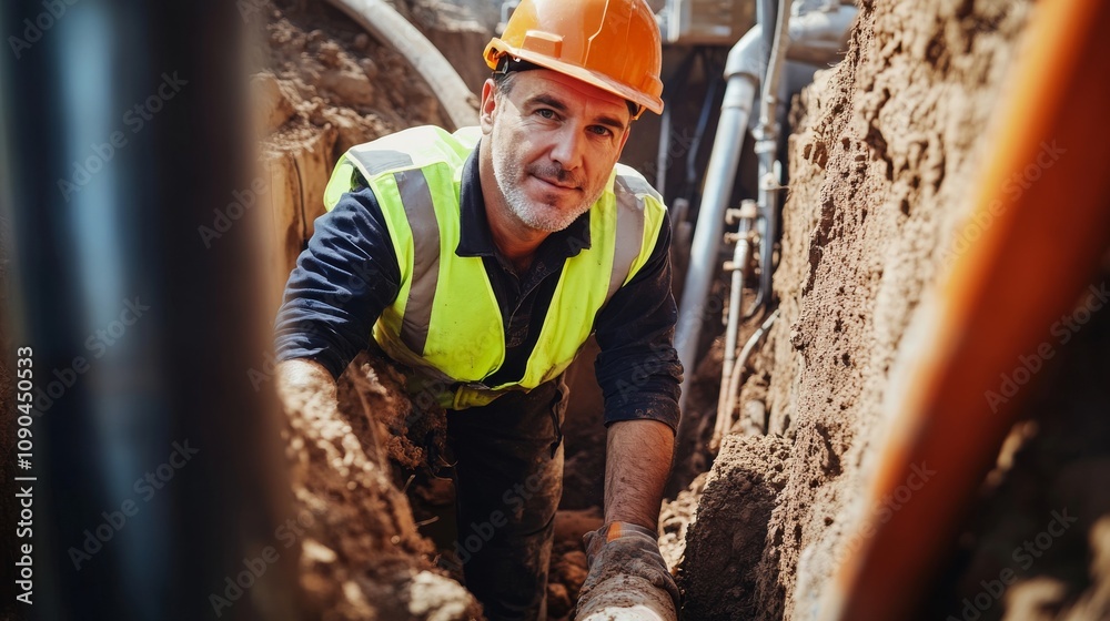 Aufkleber A trenching operator in a reflective vest and helmet, controlling a trenching machine and looking into the camera, with deep trenches and piping around