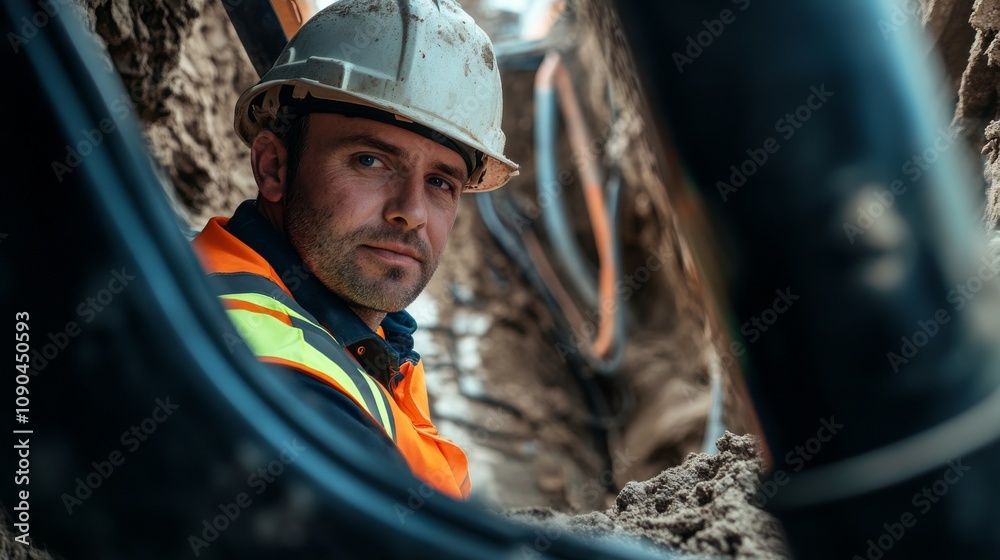 Aufkleber A trenching operator in a reflective vest and helmet, controlling a trenching machine and looking into the camera, with deep trenches and piping around