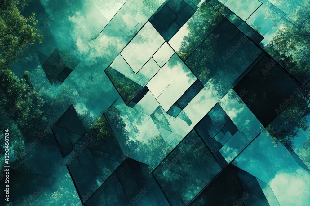 Poster Abstract reflection of nature in fragmented glass shapes creating a surreal atmosphere.