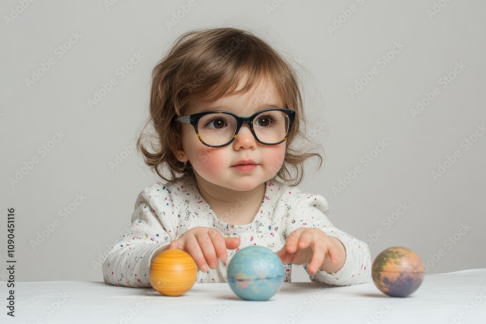 Poster a young child with glasses interacts with three colorful planet models.