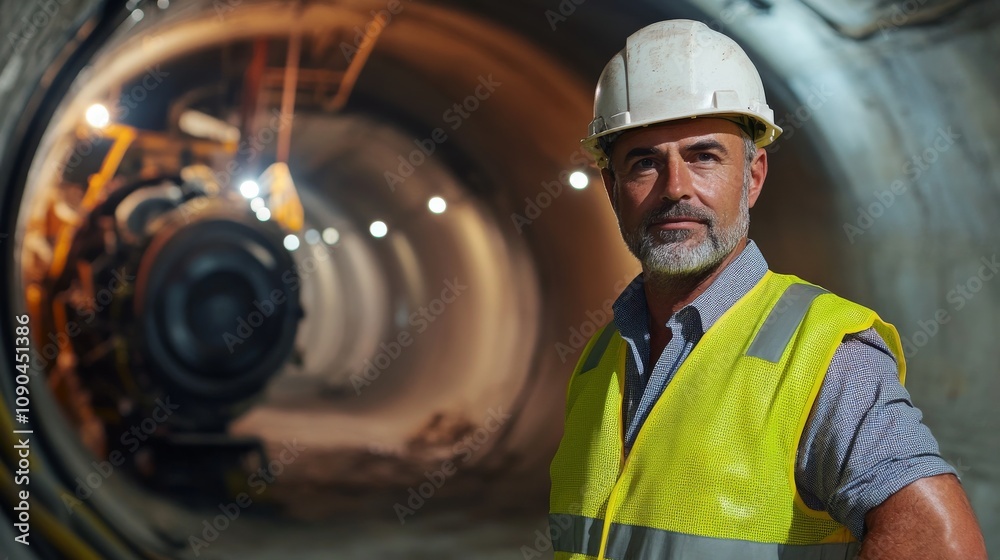 Poster a tunneling engineer in a yellow vest and hard hat, standing next to a tunnel boring machine and loo